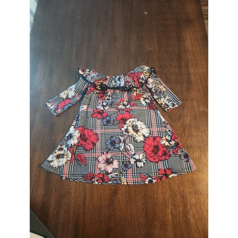 Plaid and Floral 3/4 Sleeve Girls Dress